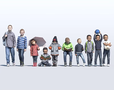 Group of Children Standing Squatting with Schoolbag Umbrella Toy and Book in Colorful Clothes 3d model