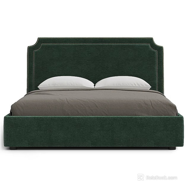 Green Upholstered Double Bed With Button Tufted Headboard Gray Bedding And White Pillows 3d model