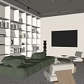 Minimalist Living Room Interior With White Bookshelves Green Sofa TV Wall And Round Coffee Table