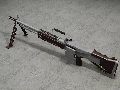 Vintage Machine Gun With Metal And Wooden Parts Ammunition Chain And Stand On Gray Floor 3d model
