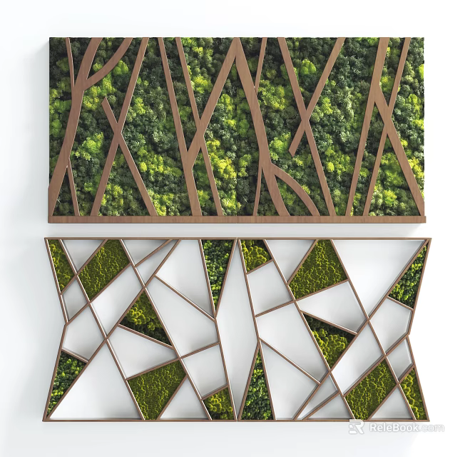 Modern Living Plant Wall Design With Wooden Geometric Frame And Lush Green Foliage 3d model 