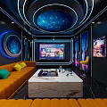 Modern KTV Interior Design With Neon Lighting Starry Ceiling And Brown Leather Sofa
