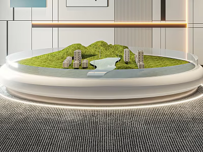 Circular Display Platform With Green Grass Small Hills Buildings River And Modern Lighting 3d model