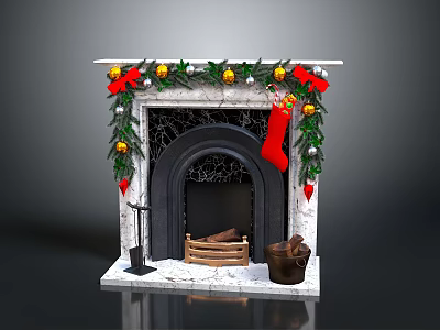 Christmas Decorated Fireplace with Marble Mantel Green Garland Red Bows Gold Ornaments Red Stocking and Firewood 3d model