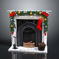 Christmas Decorated Fireplace with Marble Mantel Green Garland Red Bows Gold Ornaments Red Stocking and Firewood