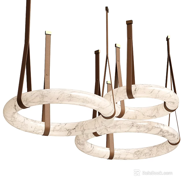 Modern Circular Ring Chandelier with Marble Texture and Brown Hanging Straps 3d model