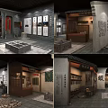 Traditional Chinese Cultural Center Interior With Calligraphy Exhibits And Wooden Display Cabinets