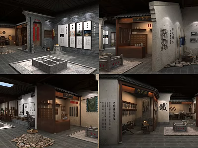 Traditional Chinese Cultural Center Interior With Calligraphy Exhibits And Wooden Display Cabinets 3d model