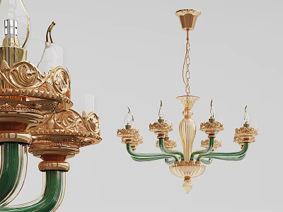 Elegant Gold And Green Chandelier With Glass Shades And Ornate Details 3d model