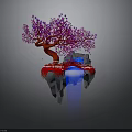 Floating Rock Scene With Red Tree Pink Flowers Red Bridge And Blue Water Flow