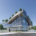 Modern Sales Office Building With Green Roof Surrounded by Trees and Outdoor Seating Area