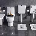 White Toilet Bowls and Squat Toilets in Modern Bathroom with Water Tanks and Accessories