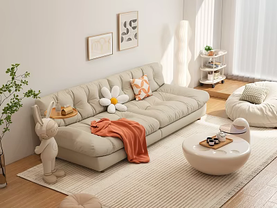 Cozy Beige Sofa Coffee Table Set With Flower Cushion Orange Blanket Rabbit And Round Table 3d model