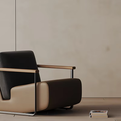 Modern Comfortable Leisure Chair With Black Leather And Wooden Armrests In Minimalist Setting 3d model