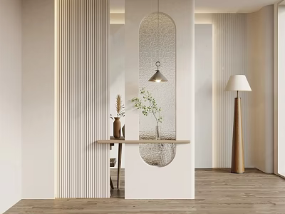 Modern Entryway Hall Design Featuring White Walls Wooden Flooring Hanging Lamp Console Table And Plants 3d model
