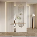 Modern Entryway Hall Design Featuring White Walls Wooden Flooring Hanging Lamp Console Table And Plants