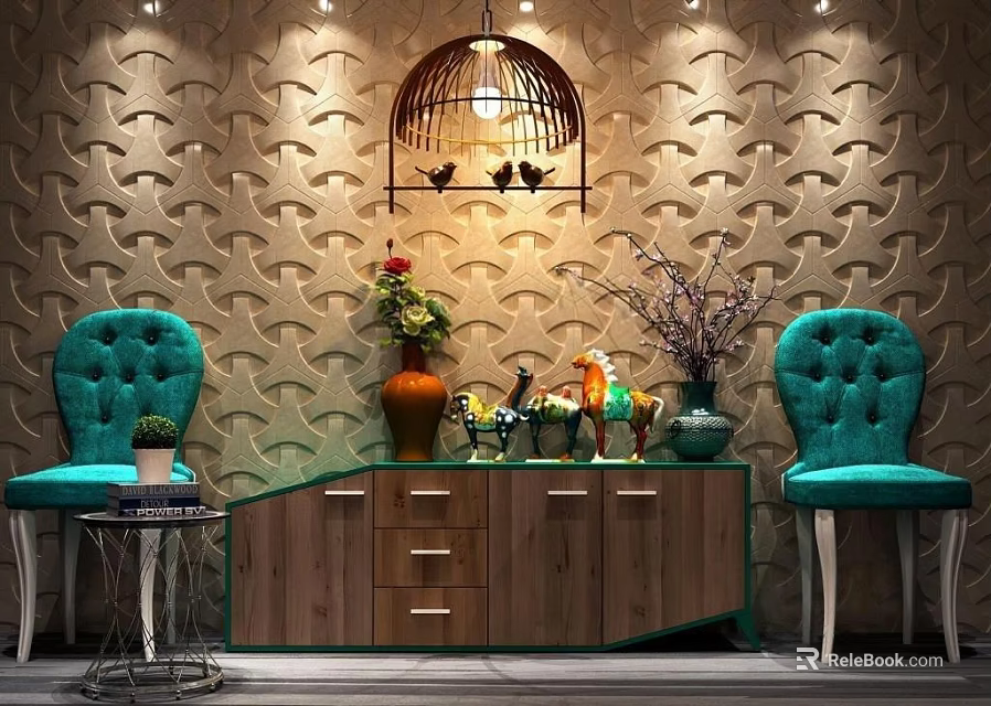 Turquoise Accent Chairs In Living Space With Textured Patterned Wall Wooden Cabinet And Decorative Items 3d model 