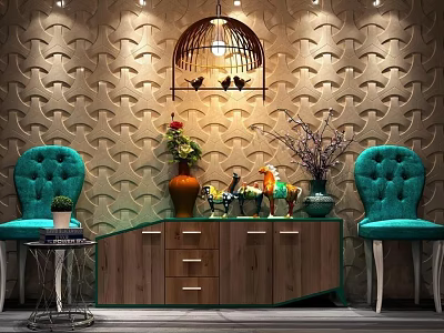 Turquoise Accent Chairs In Living Space With Textured Patterned Wall Wooden Cabinet And Decorative Items 3d model