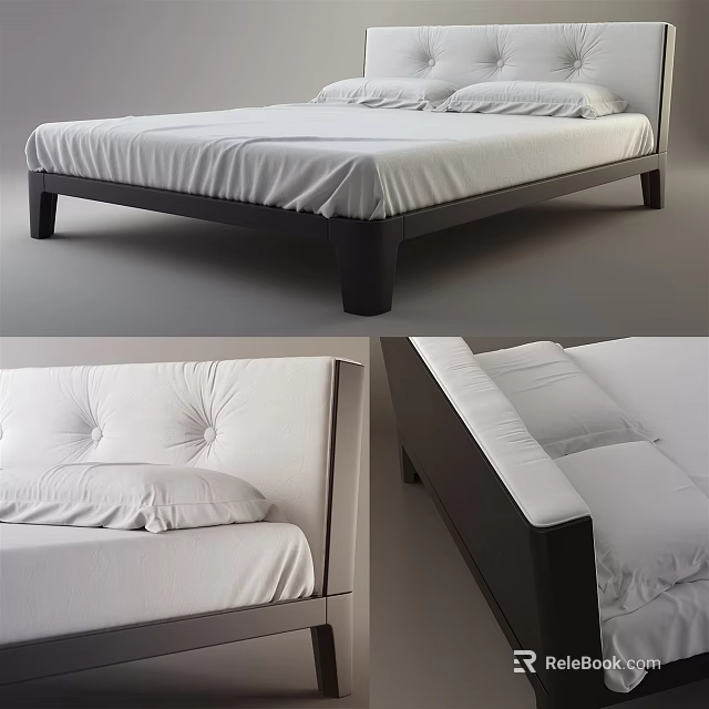 Modern Double Bed With Black Frame White Bedding And Upholstered Headboard 3d model 