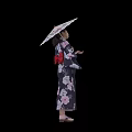 Woman in traditional floral kimono holding white umbrella against black background