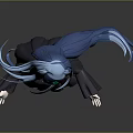 Anime Style Game and Movie Character with Blue Flowing Hair Dark Dress and White Shoes