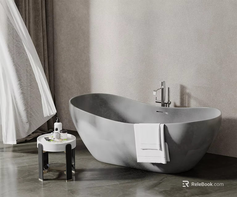 Modern Gray Freestanding Bathtub with White Towel and Side Table in Light-Toned Bathroom 3d model 