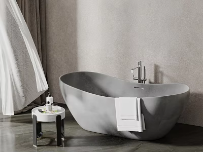 Modern Gray Freestanding Bathtub with White Towel and Side Table in Light-Toned Bathroom 3d model