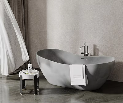 Modern Gray Freestanding Bathtub with White Towel and Side Table in Light-Toned Bathroom 3d model