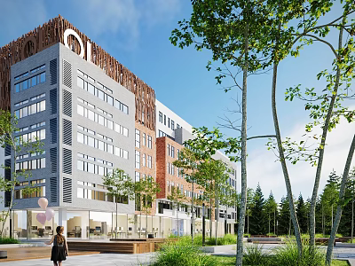 Modern Office Building Exterior With Glass Facade Plaza And Surrounding Trees 3d model