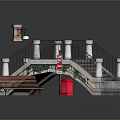 Stone Bridge With Iron Railing Steps Wooden Bench Trash Can And Lamp Post