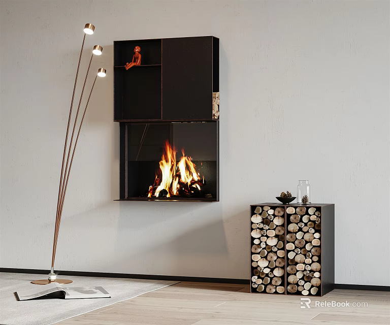 Modern Black Wall Fireplace Burning Flames With Metal Floor Lamp Stacked Logs Light Grey Wall 3d model 