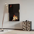 Modern Black Wall Fireplace Burning Flames With Metal Floor Lamp Stacked Logs Light Grey Wall