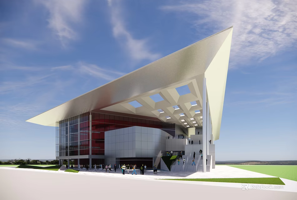 Modern Architectural Building With Unique Sloped Roof Glass Curtain Walls Red Accent And White Facade 3d model 