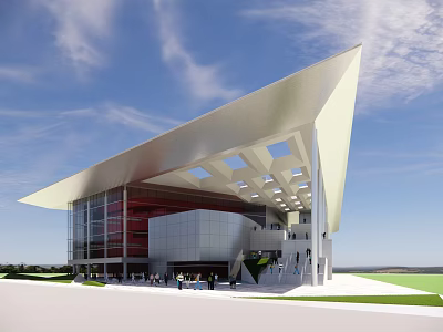 Modern Architectural Building With Unique Sloped Roof Glass Curtain Walls Red Accent And White Facade 3d model