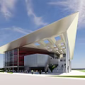 Modern Architectural Building With Unique Sloped Roof Glass Curtain Walls Red Accent And White Facade