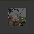 Wizard And Pet Bird In Magical Workshop With Cauldron Bookshelf Ladder And Plants
