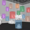 Colorful Transparent Hanging Cubes With Cloud Like Forms And Lighting