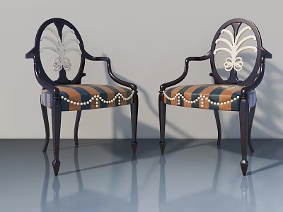 Dark Wooden Armchairs With White Floral Backrests And Striped Fabric Seats 3d model
