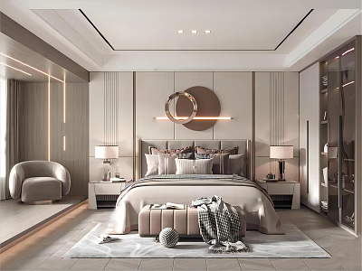 Elegant Modern Bedroom Interior Design With Large Bed Circular Mirror And Armchair 3d model