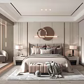 Elegant Modern Bedroom Interior Design With Large Bed Circular Mirror And Armchair 3d model