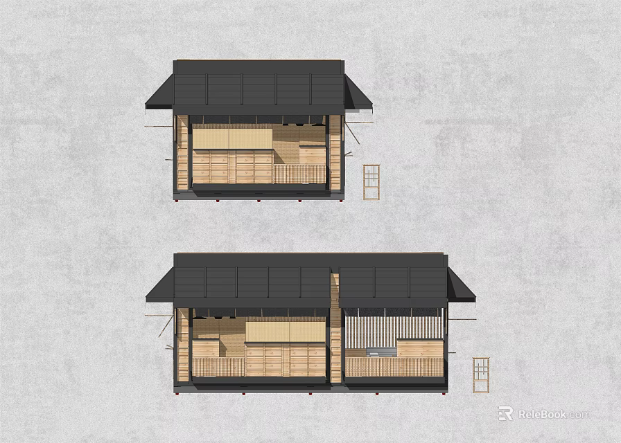 Section View of Japanese Style House with Black Roof and Wooden Interior 3d model 