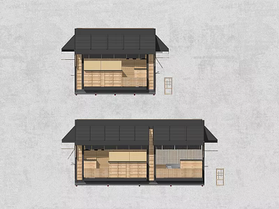 Section View of Japanese Style House with Black Roof and Wooden Interior 3d model