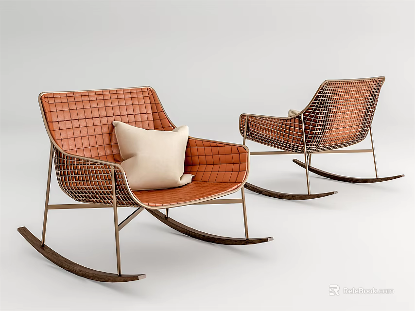 Modern Woven Orange Rocking Chair With Beige Cushion And Metal Frame Design 3d model 