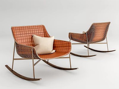 Modern Woven Orange Rocking Chair With Beige Cushion And Metal Frame Design 3d model