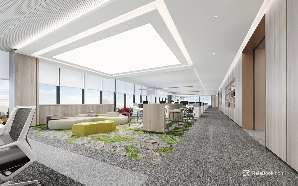 Modern Public Office Space With Large Windows Natural Light Comfortable Sofas Workstations And Green Plants 3d model 
