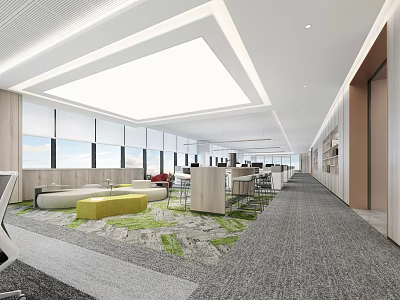 Modern Public Office Space With Large Windows Natural Light Comfortable Sofas Workstations And Green Plants 3d model