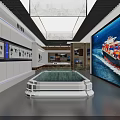 Modern Exploration Exhibition Hall with Blue Walls Digital Screens White Podiums Circular Ceiling Lights