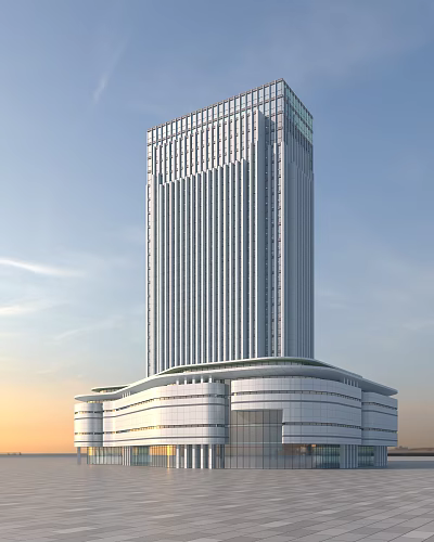 Modern High Rise Building Exterior With Glass Curtain Wall And Base Structure 3d model