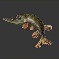 Pike Fish Figurine Displaying Green Body Yellow Spots Orange Fins on Dark Background with Reflection