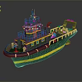 Green Toy Tugboat Model With Yellow Railings And Miniature Figures